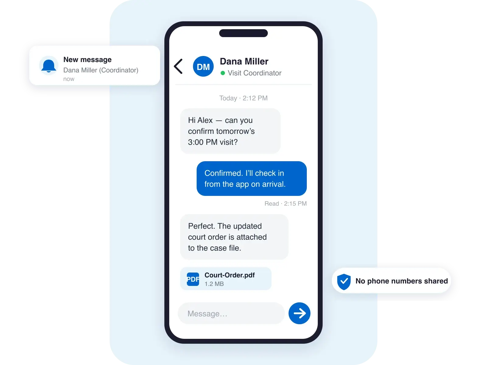 Visit Proof secure messaging showing a coordinator chat on mobile